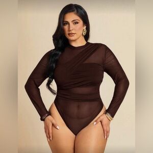 SHEIN Plus Size Coffee Brown Asymmetrical Long Sleeve Mesh Bodysuit 2XL